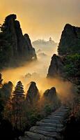 stone path leads up to the top of a mountain. . photo