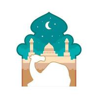 A paper cut illustration of a camel in front of a mosque. vector