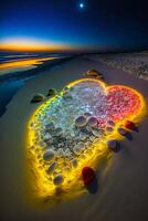 heart shaped plate sitting on top of a sandy beach. . photo