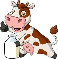 linda caricatura de vaca con botella de leche vector