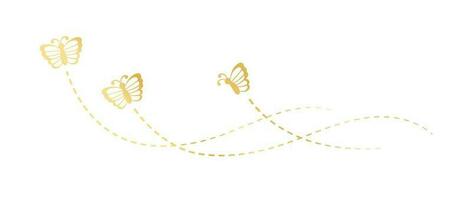 Golden Butterflies with Dotted Line Flight Route. Elegant gold butterflies trail. Vector design elements for spring and summer.