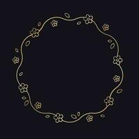 Gold Round Floral Frame Outline Doodle. Spring botanical circle border template, flourish design element for wedding, greeting card. vector