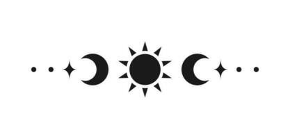 Celestial text divider with sun, stars, moon phases, crescents. Ornate boho mystic separator decorative element vector