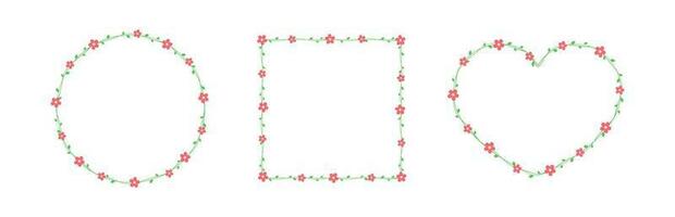Red flowers with green leaves frames and borders set, floral botanical design element vector illustration