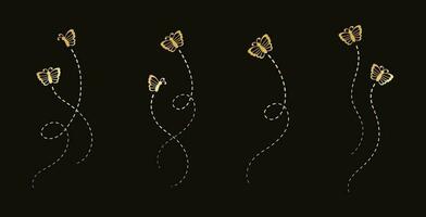 Gold Butterflies Set. Golden Flying Butterfly with Dotted Line Route. Beautiful elegant insects with open wings trail. Vector design elements for spring and summer.