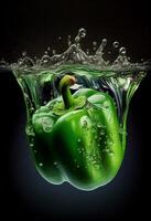 there is a green pepper with water splashing on it. generative ai. photo