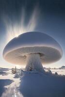 mushroom sitting on top of a snow covered ground. . photo