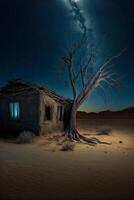 house in the middle of a desert under a full moon. . photo