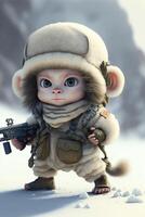 cartoon monkey with a gun in the snow. . photo