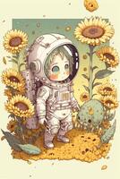 an astronaut standing in a field of sunflowers. . photo