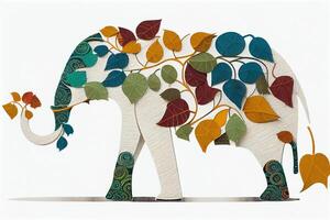 there is a paper cut elephant with colorful tree on its back. . photo