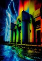 a picture taken from building with rainbow - colored image. . photo