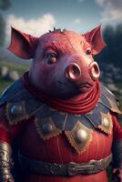 pig dressed in armor standing in a field. . photo