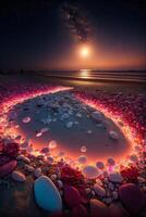 corazón hecho fuera de piedras en un playa a noche. generativo ai. foto