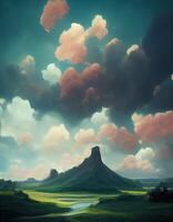 painting of a mountain with clouds in the sky. . photo