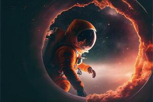 an astronaut floating through a hole in the sky. . photo