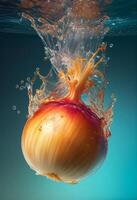 there is a onion floating in the water with bubbles. . photo