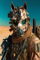 close up of a person wearing a giraffe mask. . photo
