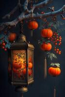 lantern hanging from a tree filled with pumpkins. . photo