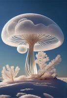 snow covered mushroom sitting on top of a snow covered hill. . photo