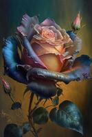 painting of a rose with a butterfly on it. . photo