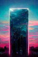 picture of a futuristic city at sunset. . photo