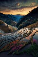 river running through a lush green valley. . photo