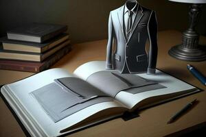 there is a paper cut of suit and book on desk. . photo