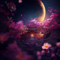 house surrounded by flowers under a full moon. . photo