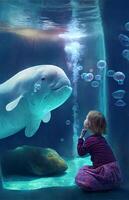 there is a little girl that looking at whale. . photo