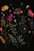 bunch of different types of flowers on a black surface. . photo