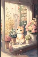 cat sitting on a window sill in front of a flower shop. generative ai. photo