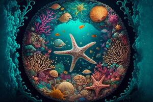 picture of a starfish surrounded by corals. . photo