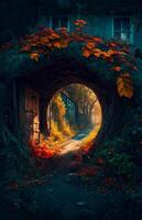 there is a tunnel that leads to house in the woods. . photo