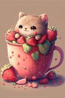 cat that is sitting in a cup of strawberries. . photo