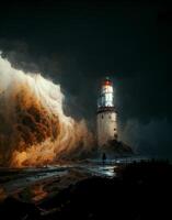 lighthouse in the middle of a huge wave. . photo