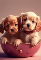 two puppies sitting in a pink heart shaped box. . photo