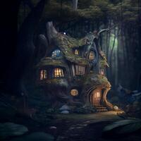fairy house in the middle of a forest. . photo