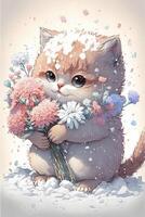 cat is holding a bunch of flowers. . photo