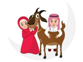 Eid-Al- Adha Islamic festival concept, illustration of muslim couple with animal goat character on white background. vector