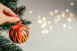 Christmas balls painted as tiger stripes on Christmas tree with a garland. 2022 is a year of the Tiger. Happy New Year . Symbol of year lunar chinese calendar tiger on Christmas ball . Copy space. photo