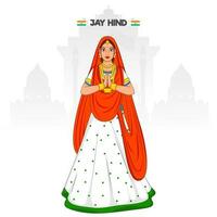 Jay Hind Text with Indian Woman doing Namaste on India Famous Monuments White Background. vector