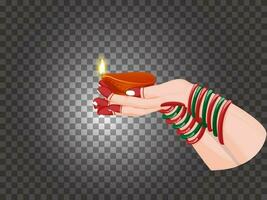 Female hand holding oil lamp on black png background. vector