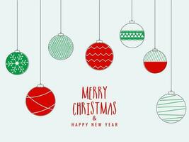 Merry Christmas and Happy New Year celebration greeting card design with hanging creative baubles in different pattern on white background. vector