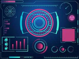 Futuristic graphic user interface HUD and radar screens on blue grid background. vector