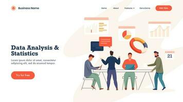 Data Analysis Statistics concept based landing page design with business men working together on workplace with different infographic websites. vector