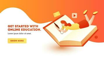 Landing page design with young girl learning online education from tablet with book on orange and white background. vector