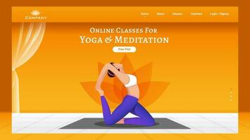 Online Classes for Yoga Meditation landing page design with faceless woman doing exercise in pirai asana pose. vector