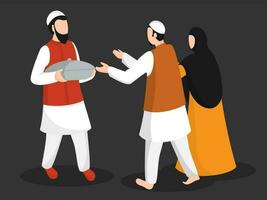 Cartoon character muslim man giving food to couple in occasion of Islamic festival celebration concept. vector