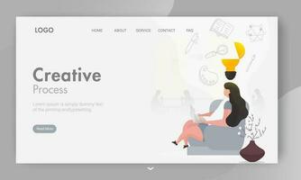 Faceless woman using laptop with idea and line art education elements on white background for Creative Process concept based landing page design. vector